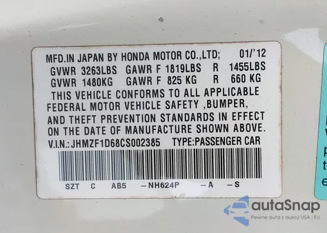 2012 Honda Cr-Z Ex from USA, damaged, VIN JHMZF1D68CS002385